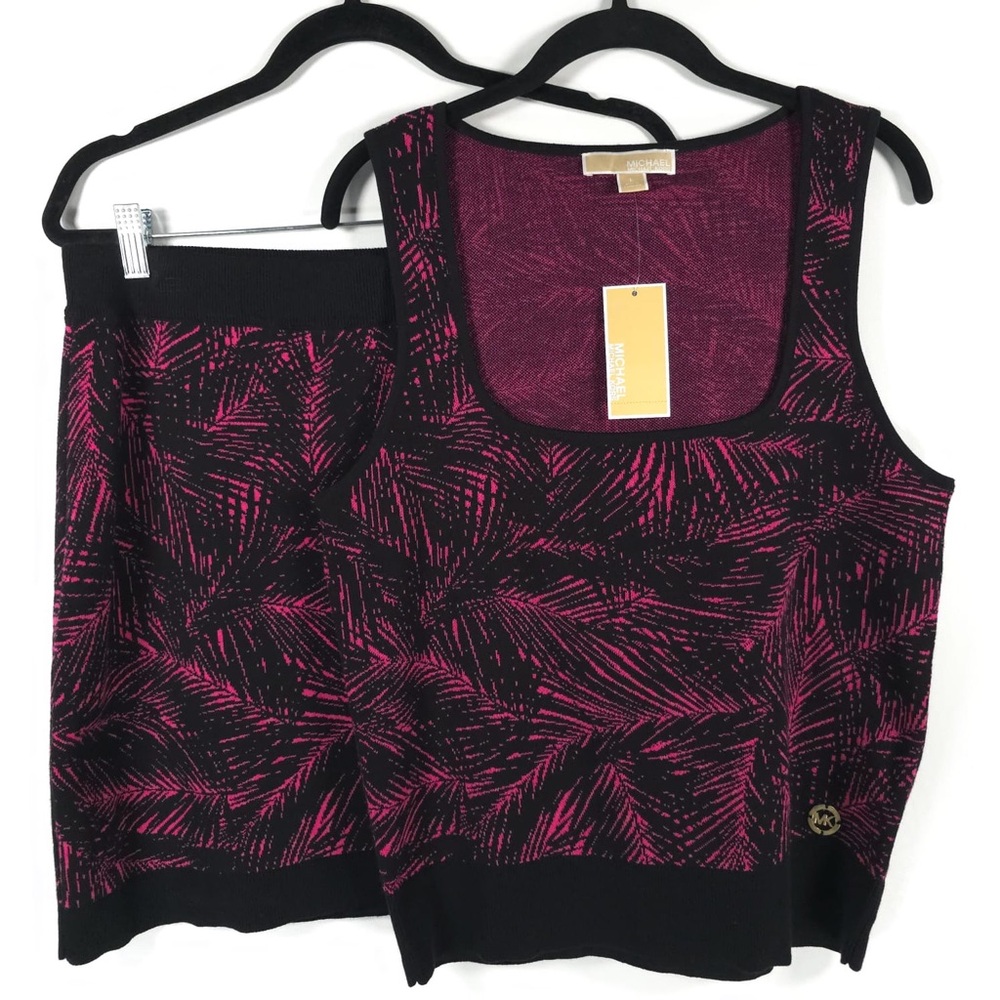 NWT MICHAEL KORS Women Two Pieces Set‎ Top/Skirt Knit Electric Pink/Black